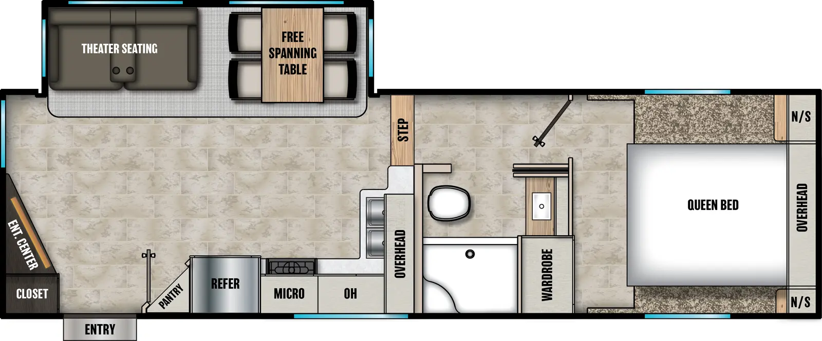 The Phoenix 25RE floorplan has one entry and one slide out. Exterior features include: fiberglass exterior and 13' awning. Interiors features include: free-standing dinette option and rear living.